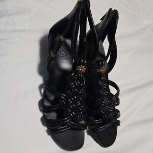 Tory Burch Black Knotted Leather Heeled Sandals with Gold Accents